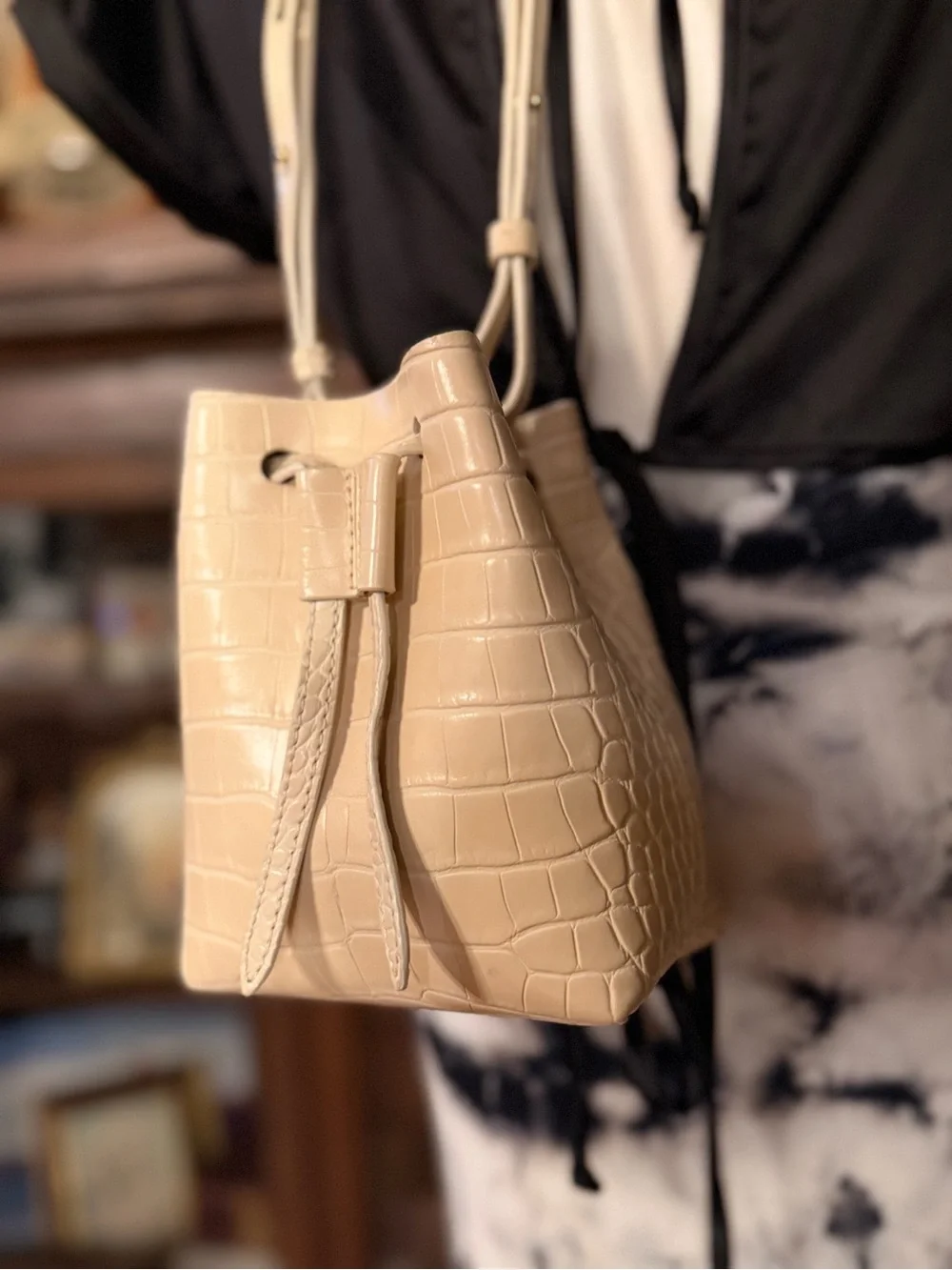 Nanushka - Beige Croc Embossed Faux Leather Mini Bucket Bag
